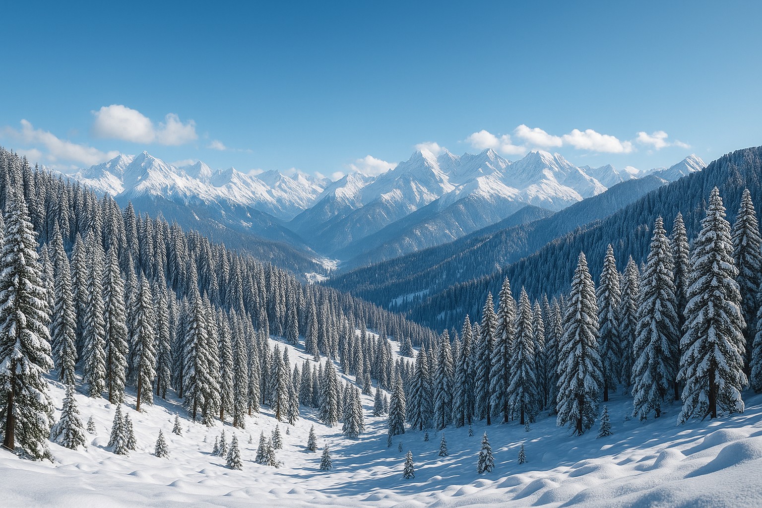 Snow covered meadows and pine forests in Uttarakhand